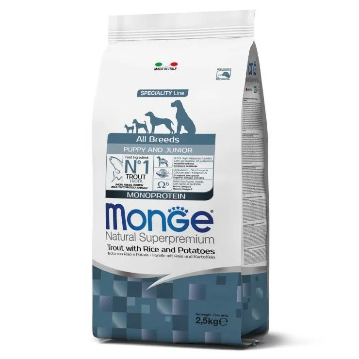 MONGE DOG PUPPY JUNIOR ALL TROUT RICE sausā barība kucēniem Forele, rīsi 2.5kg